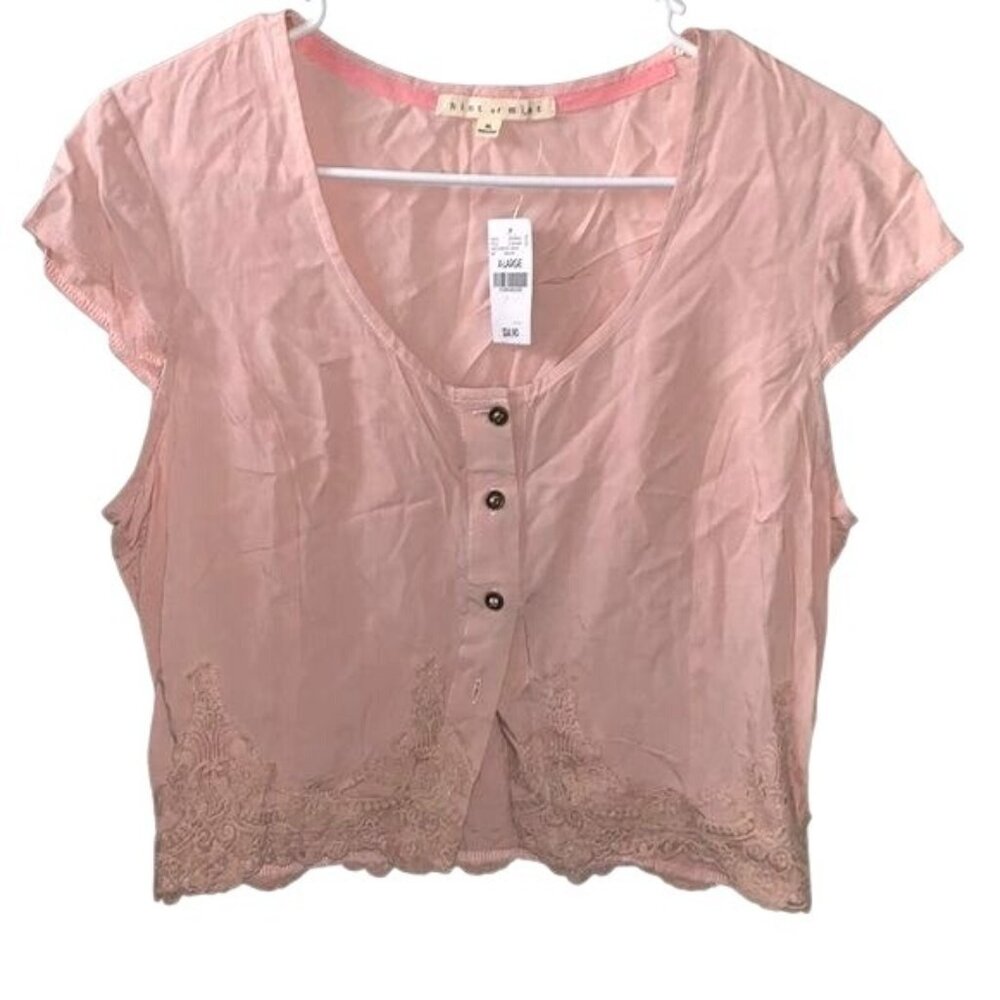 Hint Of Mint Pink Lace Trim Button-Down Crop Top Womens XL